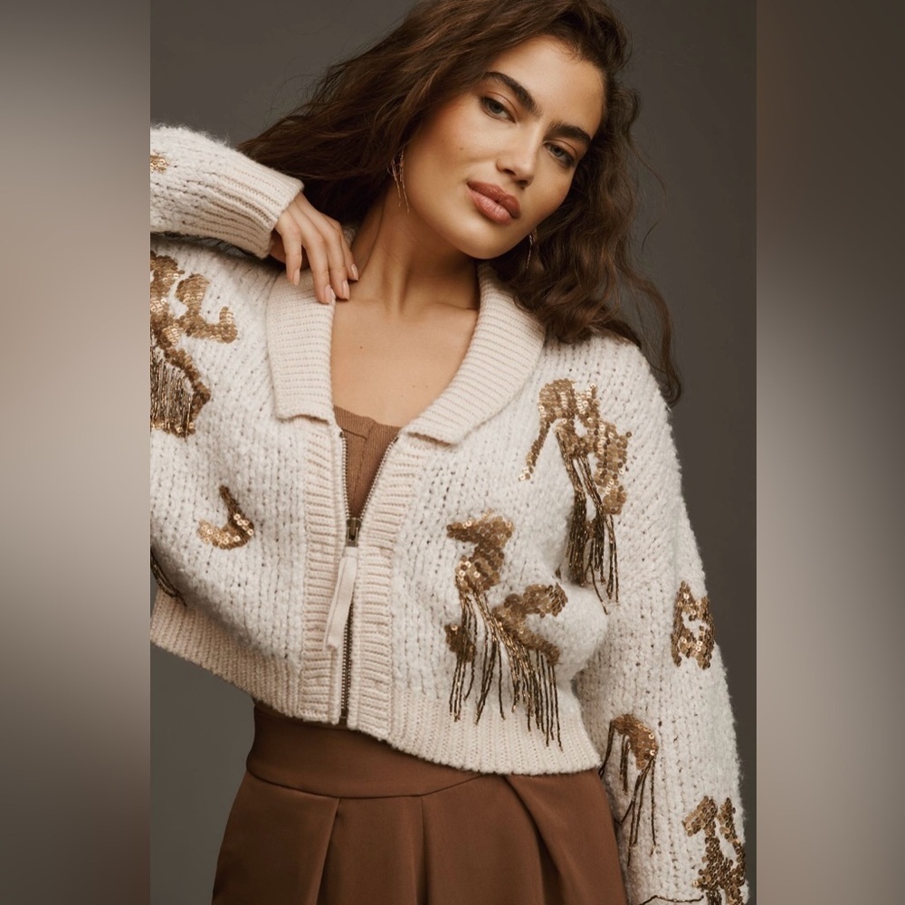 RARE ANTHROPOLOGIE NWT Sequin Cropped Cardigan Sweaterin Neutral-Size XS